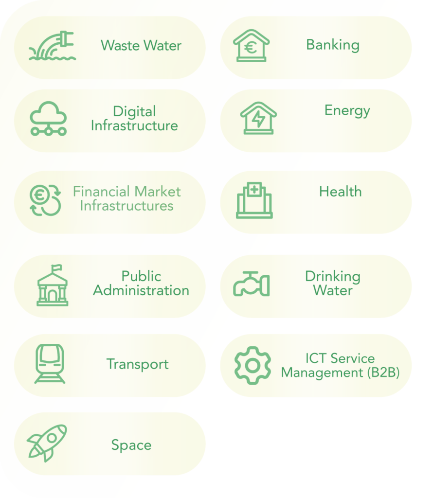 Graphic list of "Important entities": Wastewater services, banking, digital infrastructure, energy supply, financial infrastructure, health sector, public administration, drinking water supply, transportation, B2B ICT, space