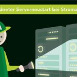 Illustration zum Serverneustart nach Stromausfall: Eine HONICON-Figur leuchtet mit einer Taschenlampe in einen dunklen Serverraum. Im Lichtkegel werden zwei Proxmos Server-Racks mit Neustart-Symbolen sichtbar. Überschrift: „Geordneter Serverneustart bei Stromausfall”.