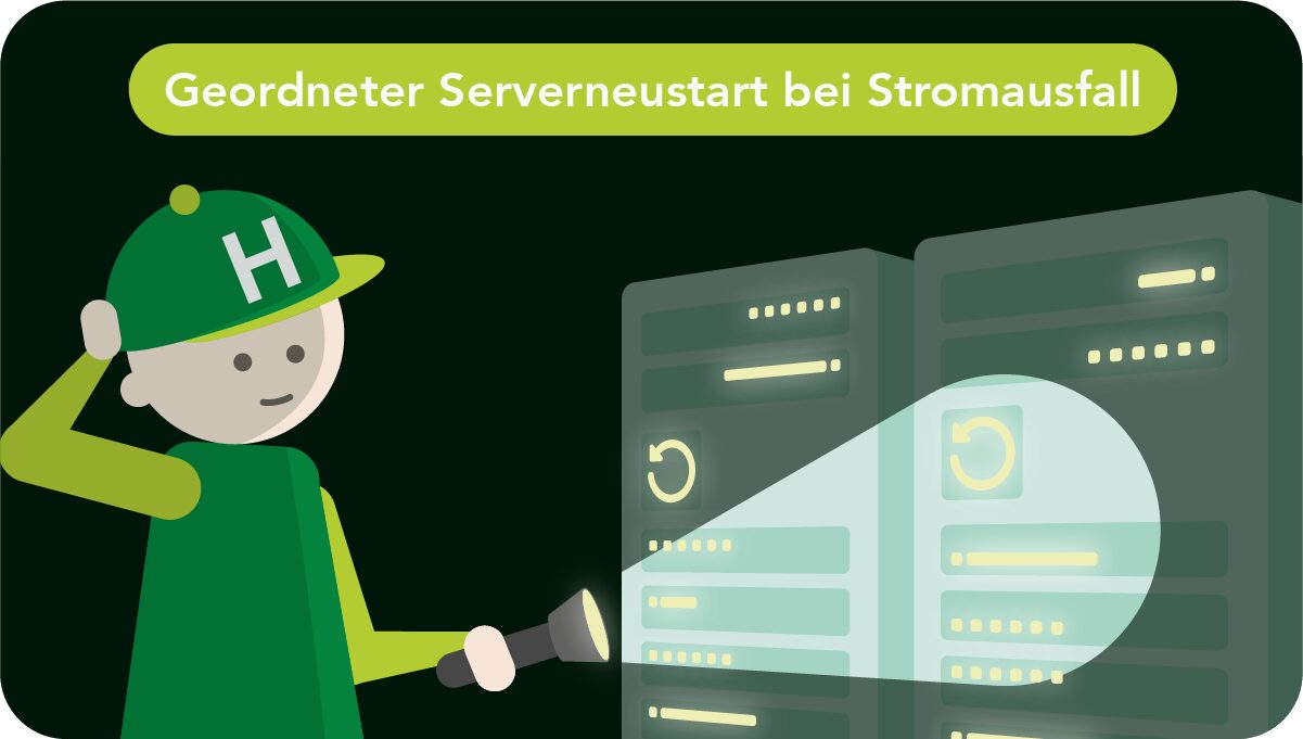 Illustration zum Serverneustart nach Stromausfall: Eine HONICON-Figur leuchtet mit einer Taschenlampe in einen dunklen Serverraum. Im Lichtkegel werden zwei Proxmos Server-Racks mit Neustart-Symbolen sichtbar. Überschrift: „Geordneter Serverneustart bei Stromausfall”.